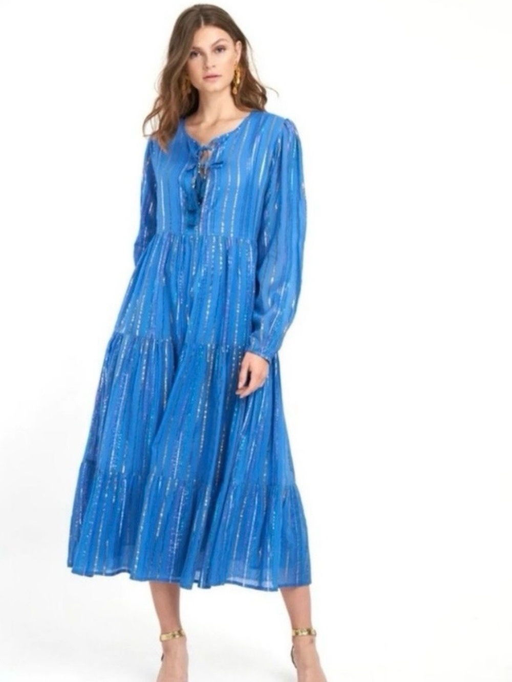 Oliphant Rio Long Sleeve Metallic Striped Blue Cotton Maxi Dress Size L